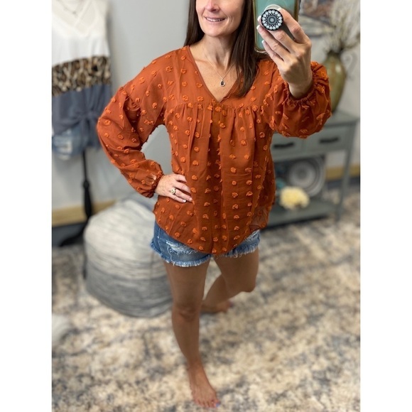 Swiss Dot Long Bubble Sleeve V-Neck Floaty Top Rust 3521 - Picture 7 of 9